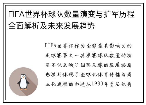 FIFA世界杯球队数量演变与扩军历程全面解析及未来发展趋势